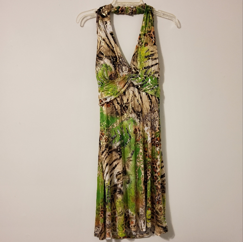 Canzone Stretch Metallic Multi-Colored Flare Halter Midi Dress Size 1XL